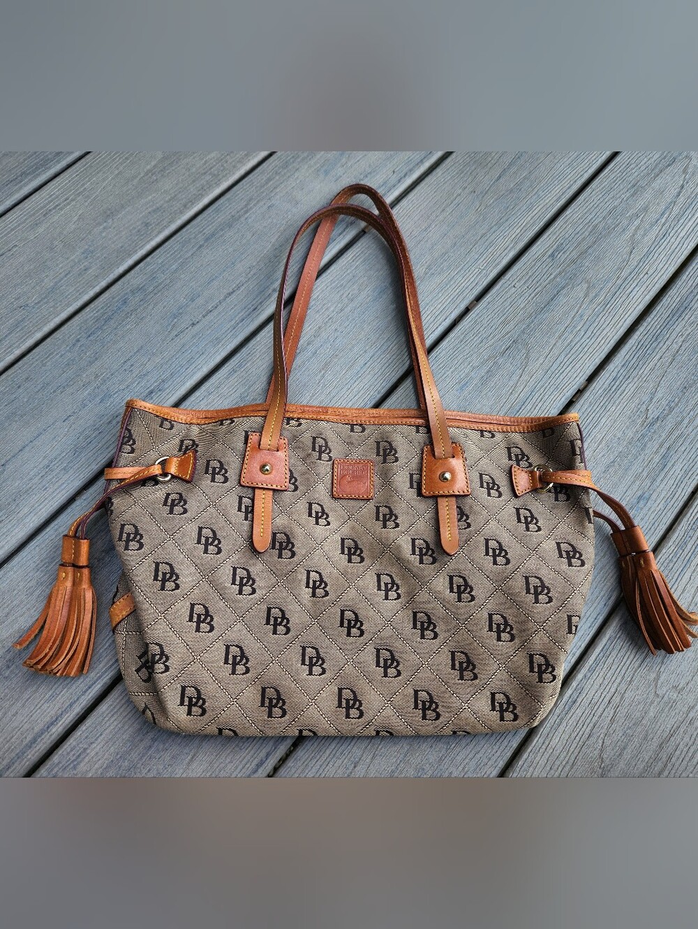 Dooney & Bourke Beige and Brown Logo Tote with Tassels